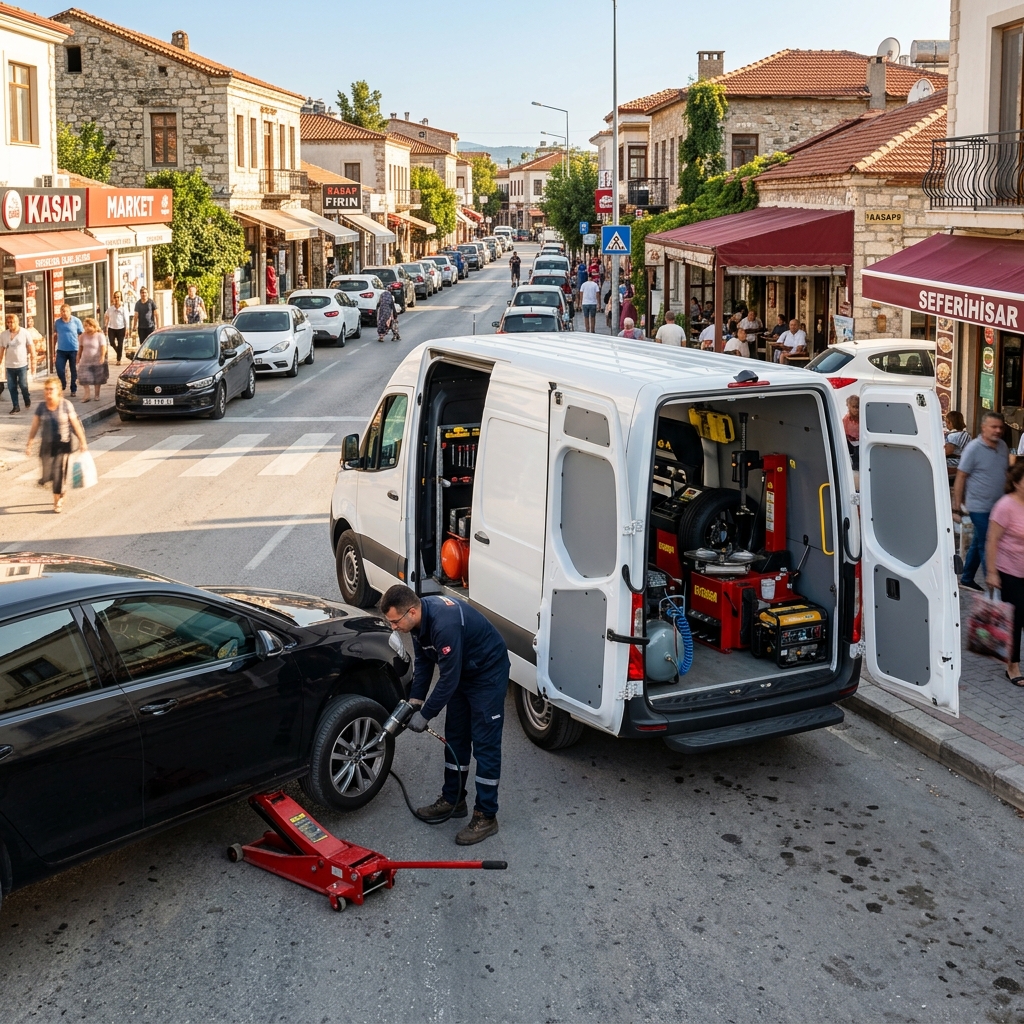 Seferihisar merkezde lastik değişimi yapan servis aracımız