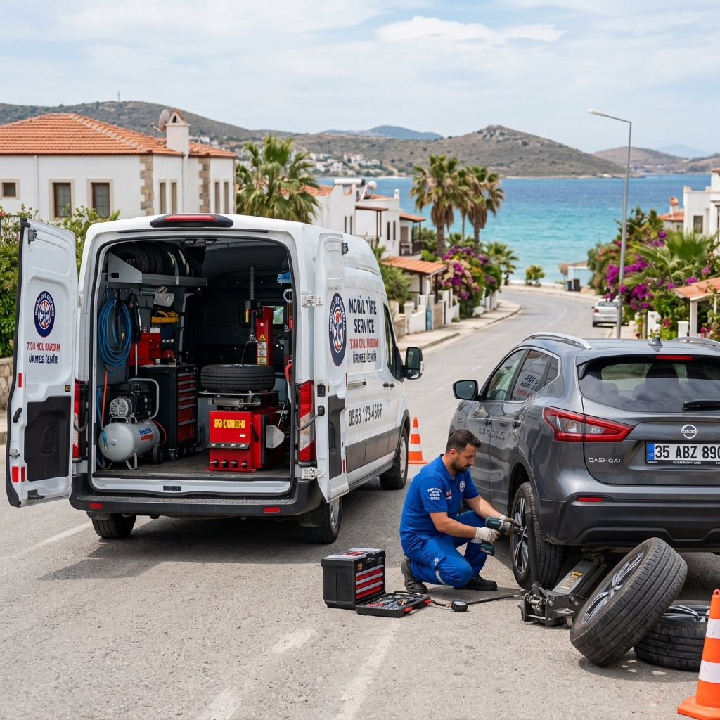 Ürkmez'de yol yardımı sırasında bijon kontrolü yapan ekibimiz